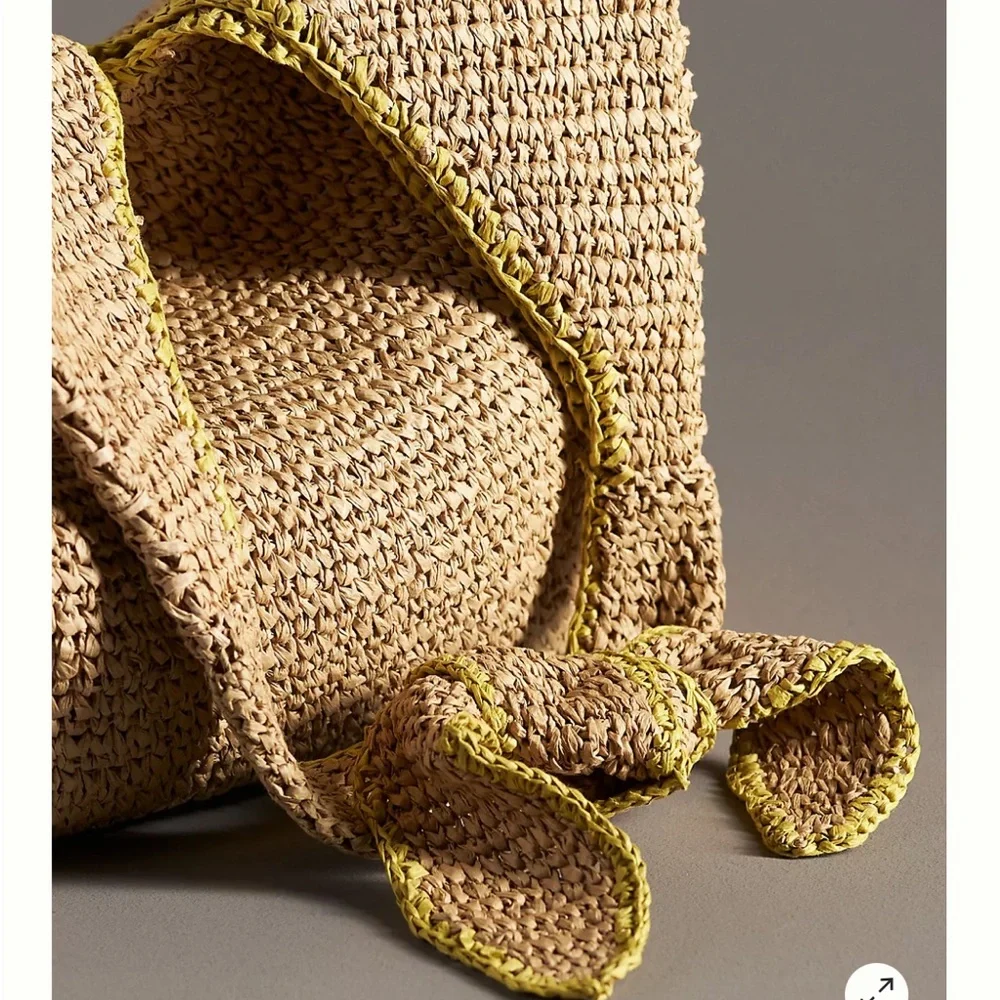 Anthropologie Woven Straw Shoulder Bag in Natural with Yellow Trim - Picture 3 of 7